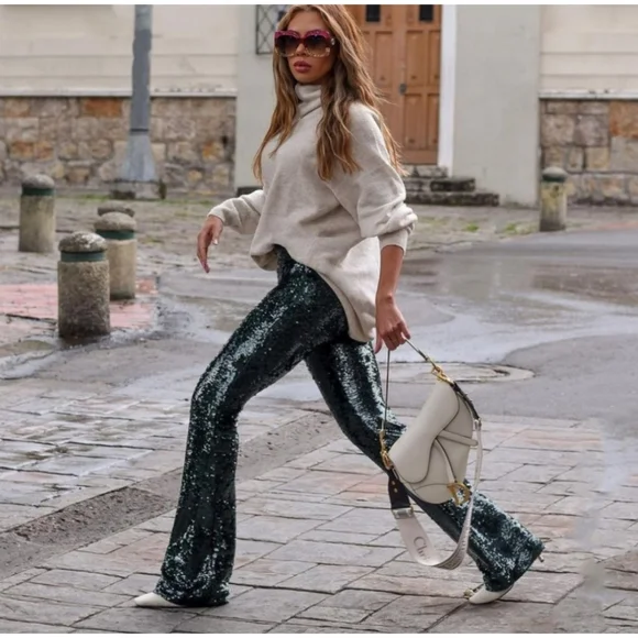 ZARA FLARED HIGH WAIST GREEN SEQUIN Sparkly PANTS 2731/352 FLARE